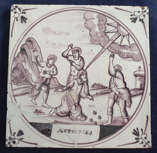 Delft tile, Dutch manganese biblical scene bible tile, 18th century, Raising of the widow's son from Nain