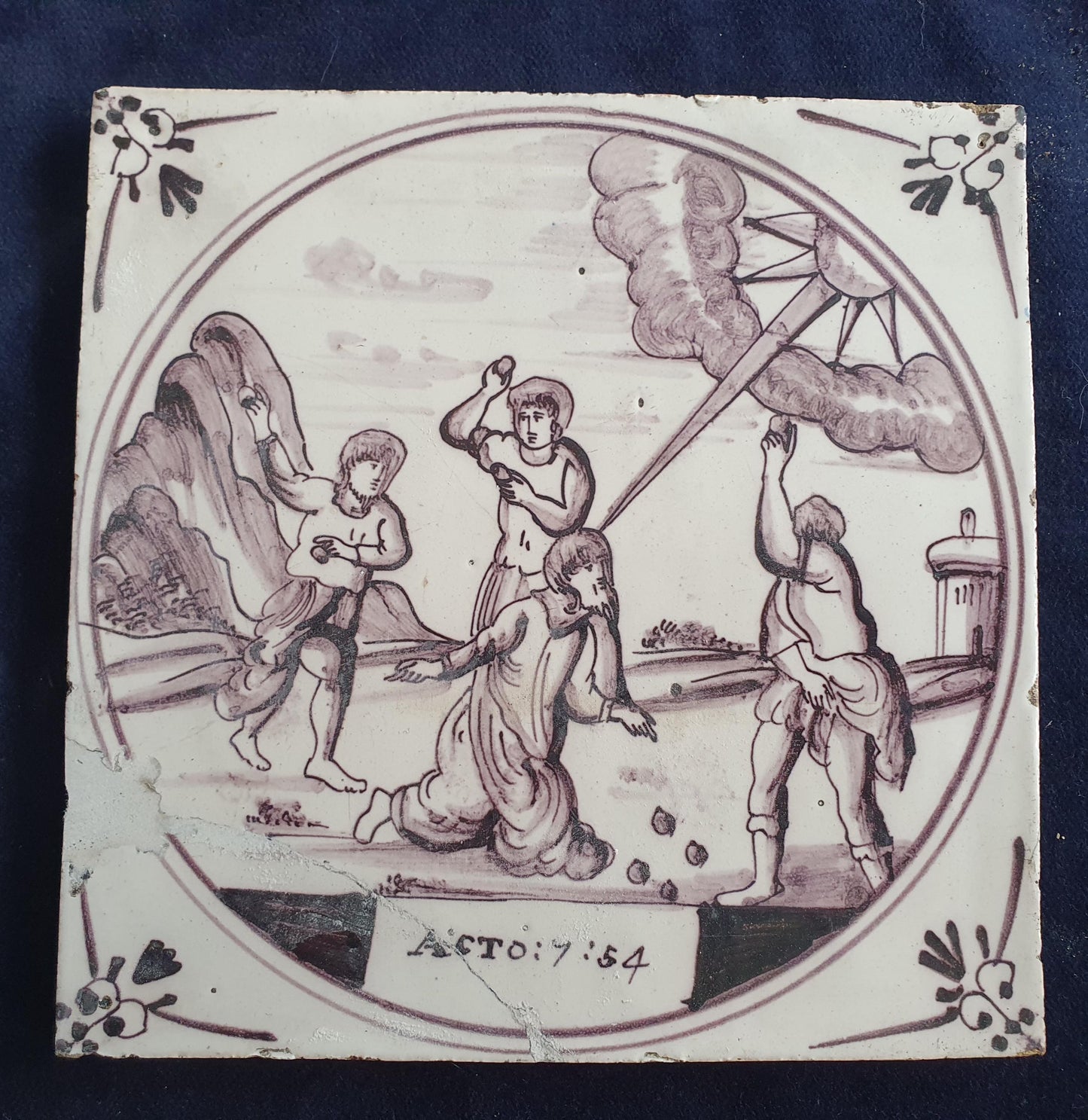 Delft tile, Dutch manganese biblical scene bible tile, 18th century, Raising of the widow's son from Nain