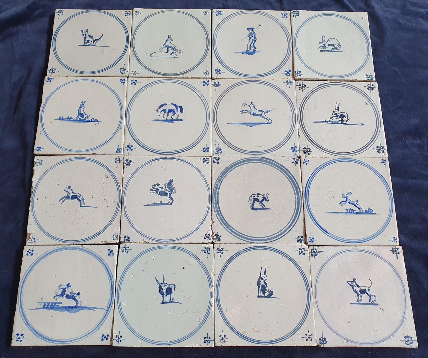 16 x Antique Delft Tiles, 18th Century Dutch Animal Motifs,  circle springer.