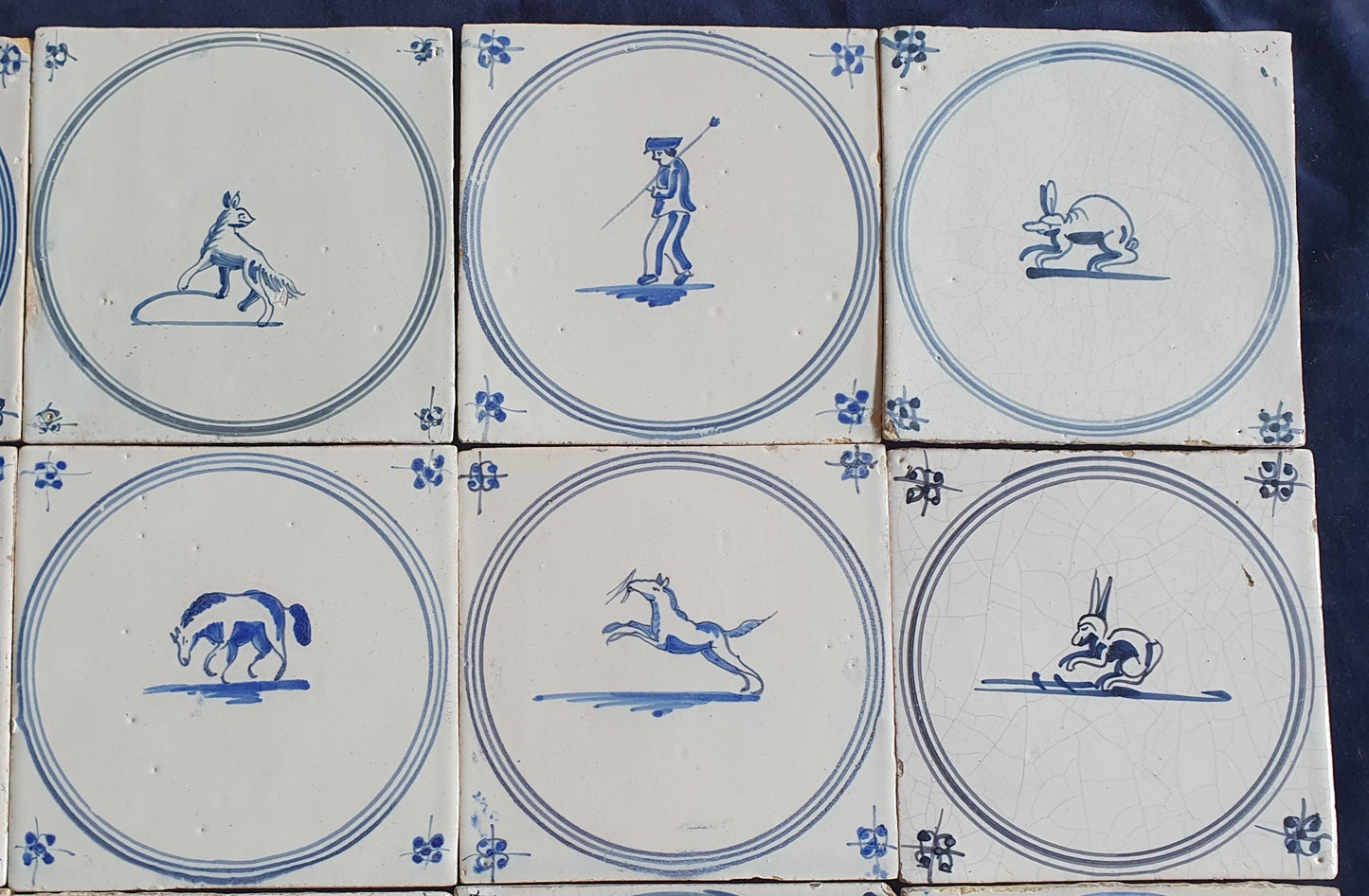 16 x Antique Delft Tiles, 18th Century Dutch Animal Motifs,  circle springer.