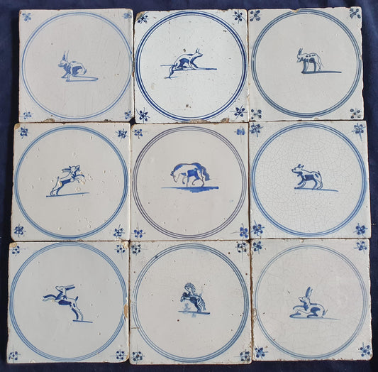9 x Antique Delft Tiles, 18th Century Dutch Animal Motifs,  circle springer.