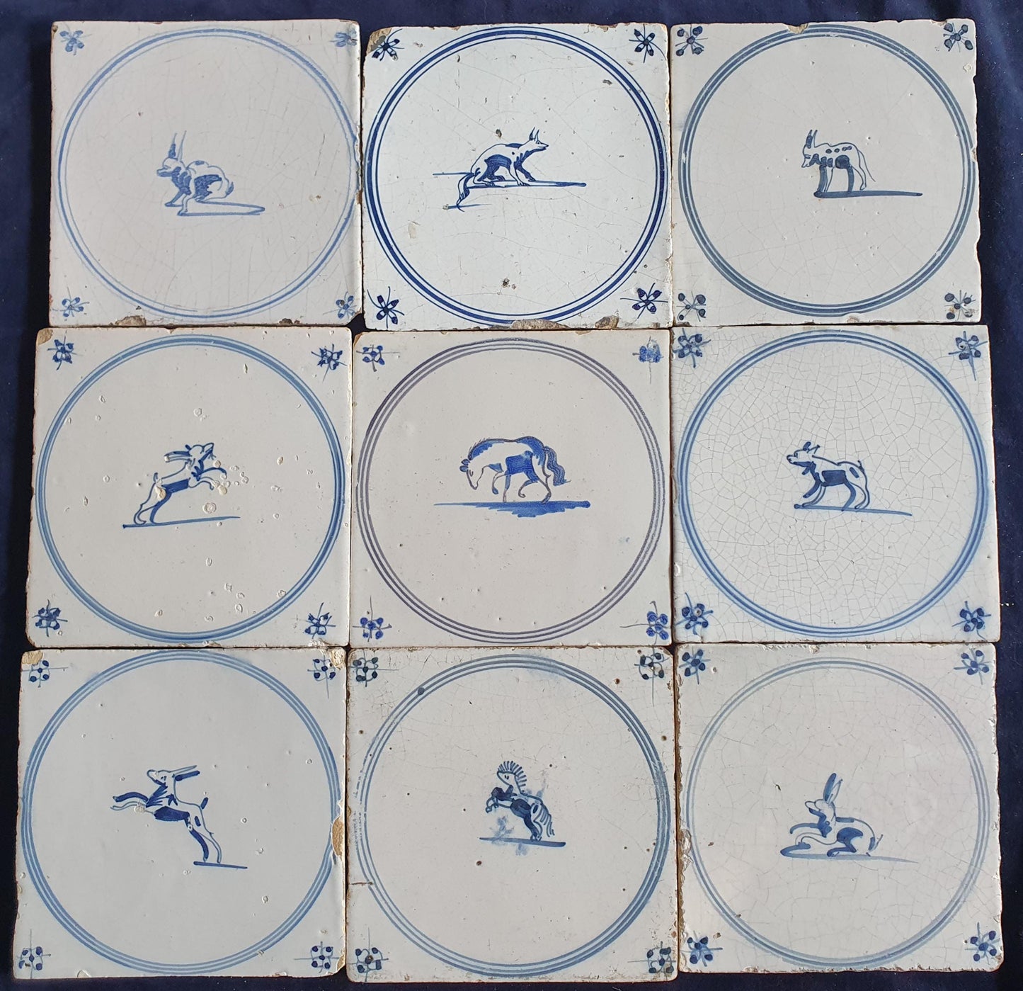 9 x Antique Delft Tiles, 18th Century Dutch Animal Motifs,  circle springer.