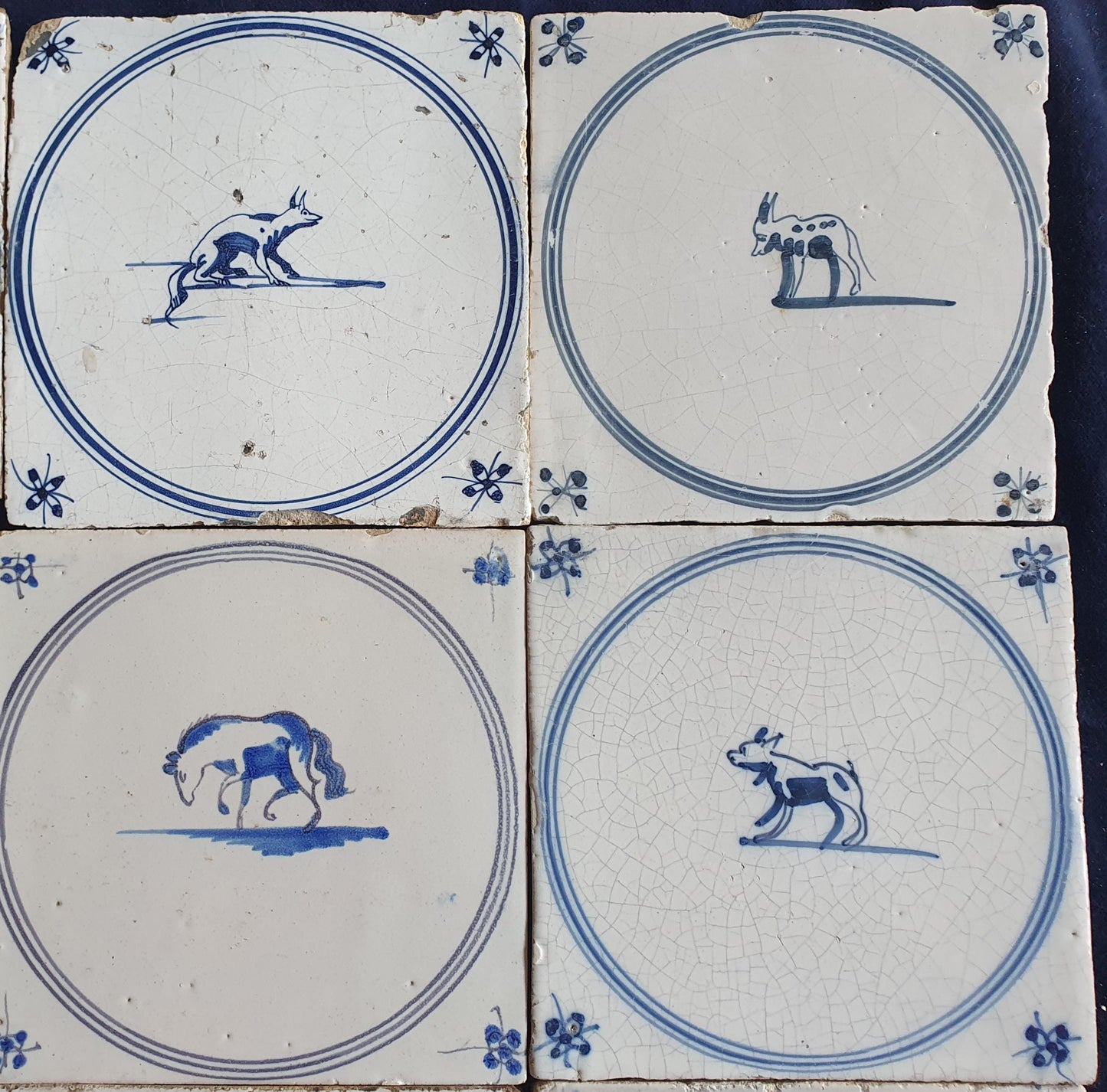 9 x Antique Delft Tiles, 18th Century Dutch Animal Motifs,  circle springer.