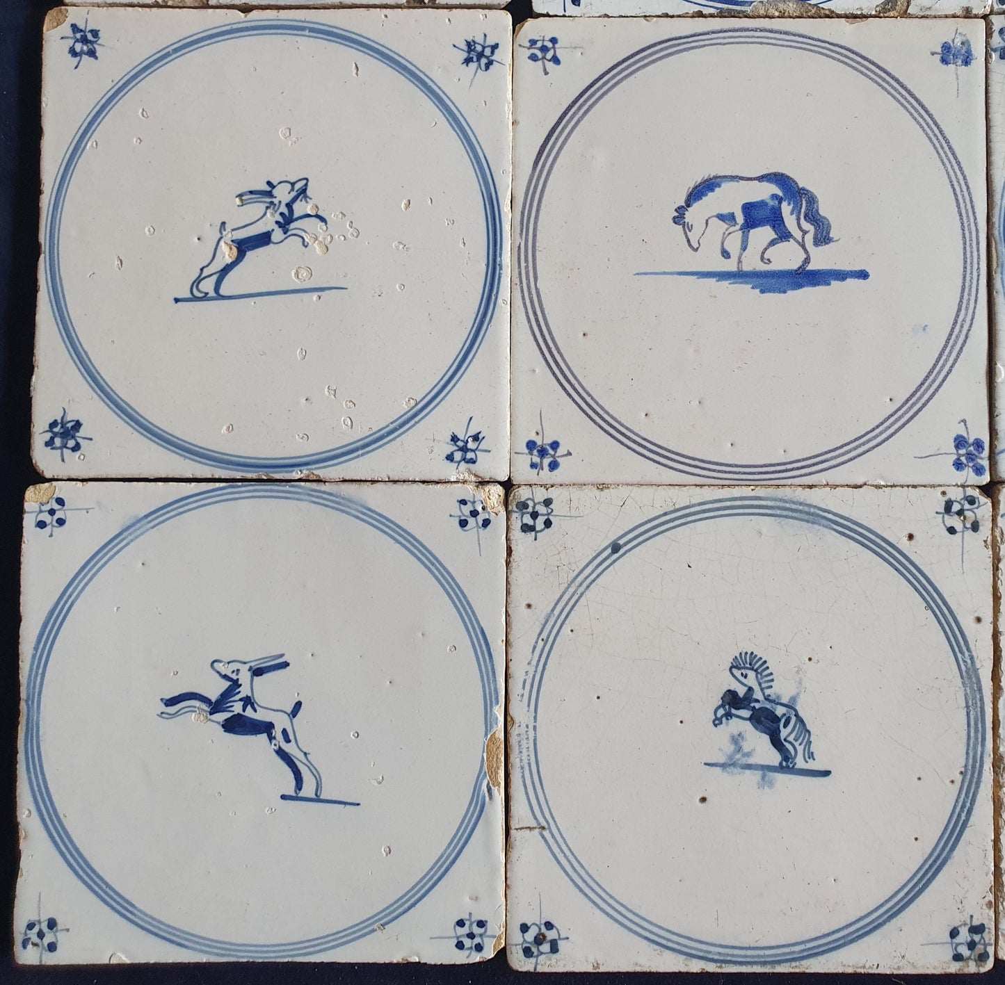 9 x Antique Delft Tiles, 18th Century Dutch Animal Motifs,  circle springer.