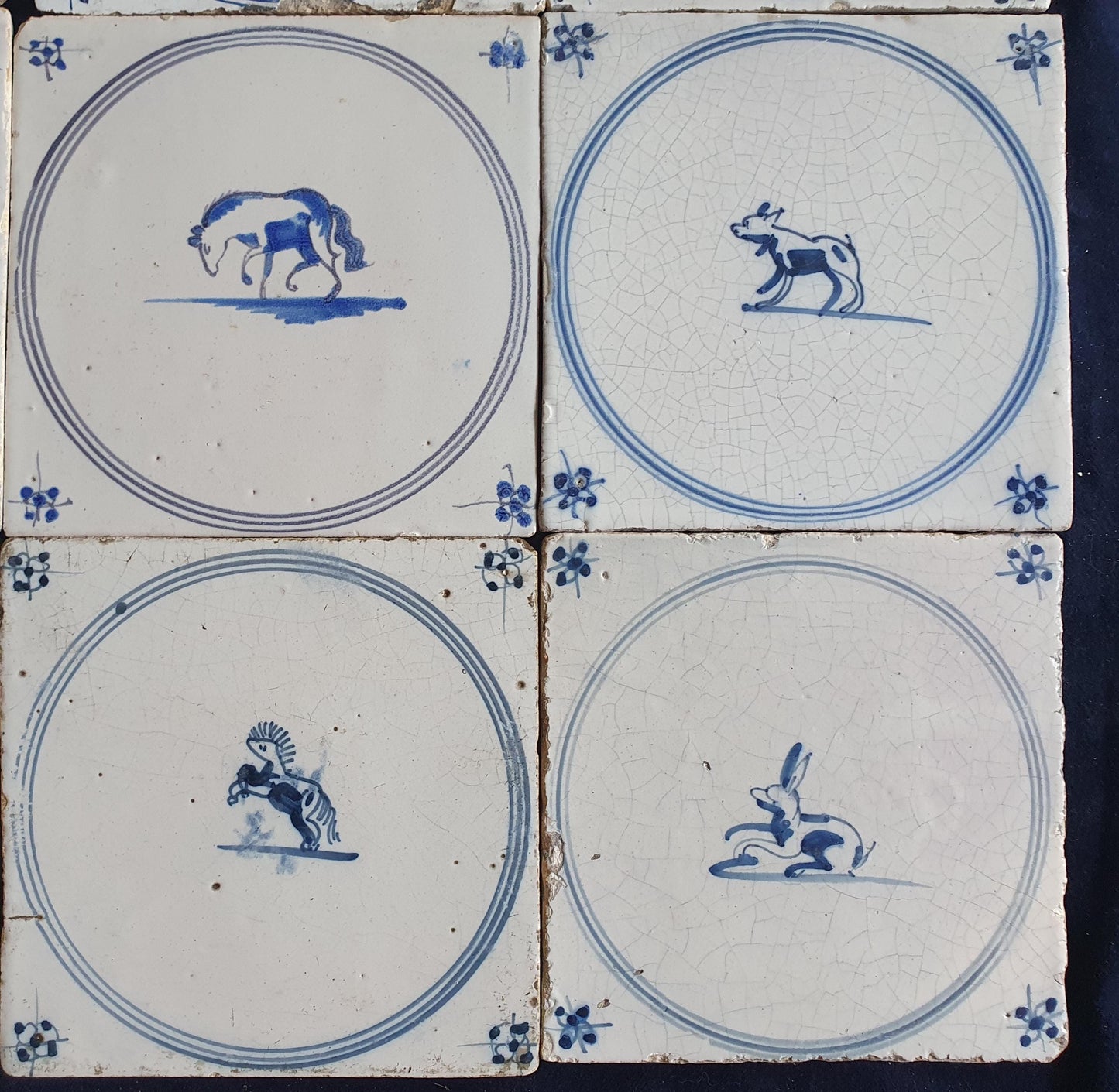 9 x Antique Delft Tiles, 18th Century Dutch Animal Motifs,  circle springer.