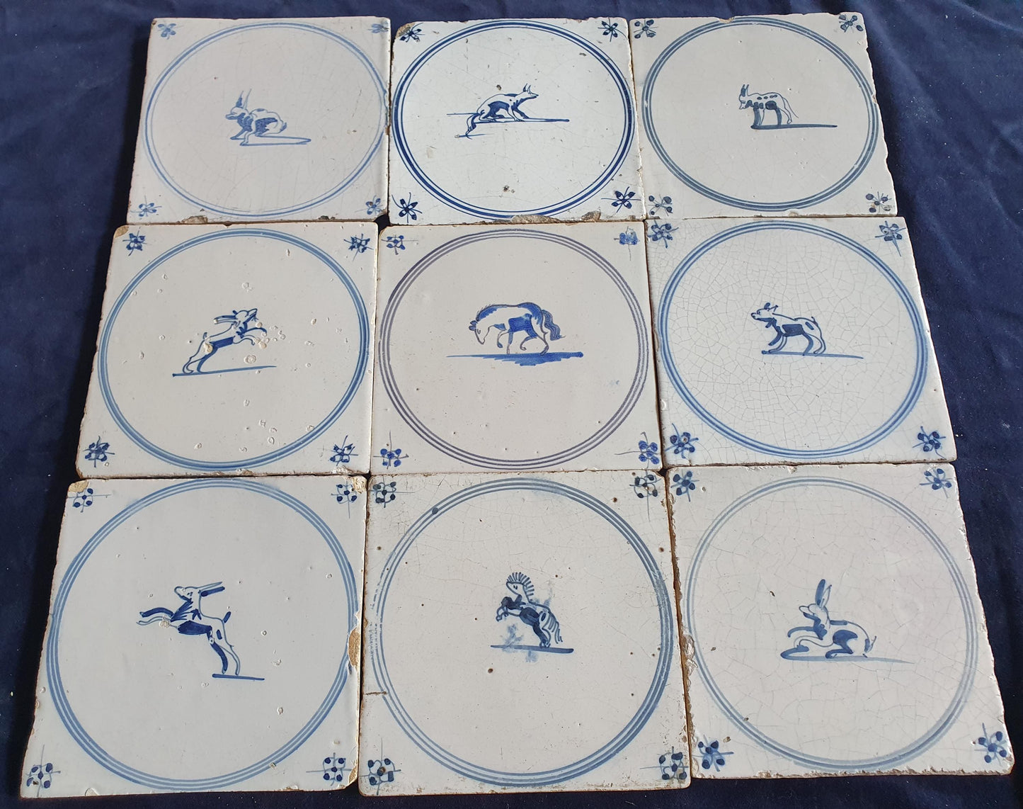 9 x Antique Delft Tiles, 18th Century Dutch Animal Motifs,  circle springer.