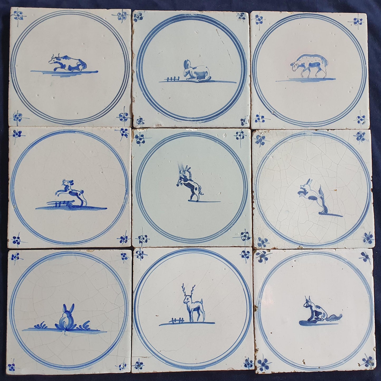 9 x Antique Delft Tiles, 18th Century Dutch Animal Motifs,  circle springer.