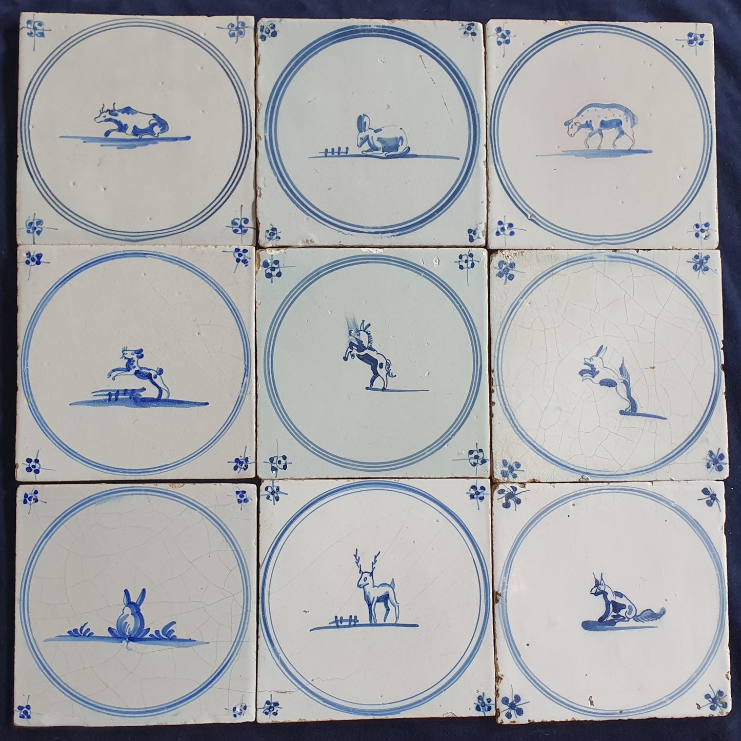 9 x Antique Delft Tiles, 18th Century Dutch Animal Motifs,  circle springer.