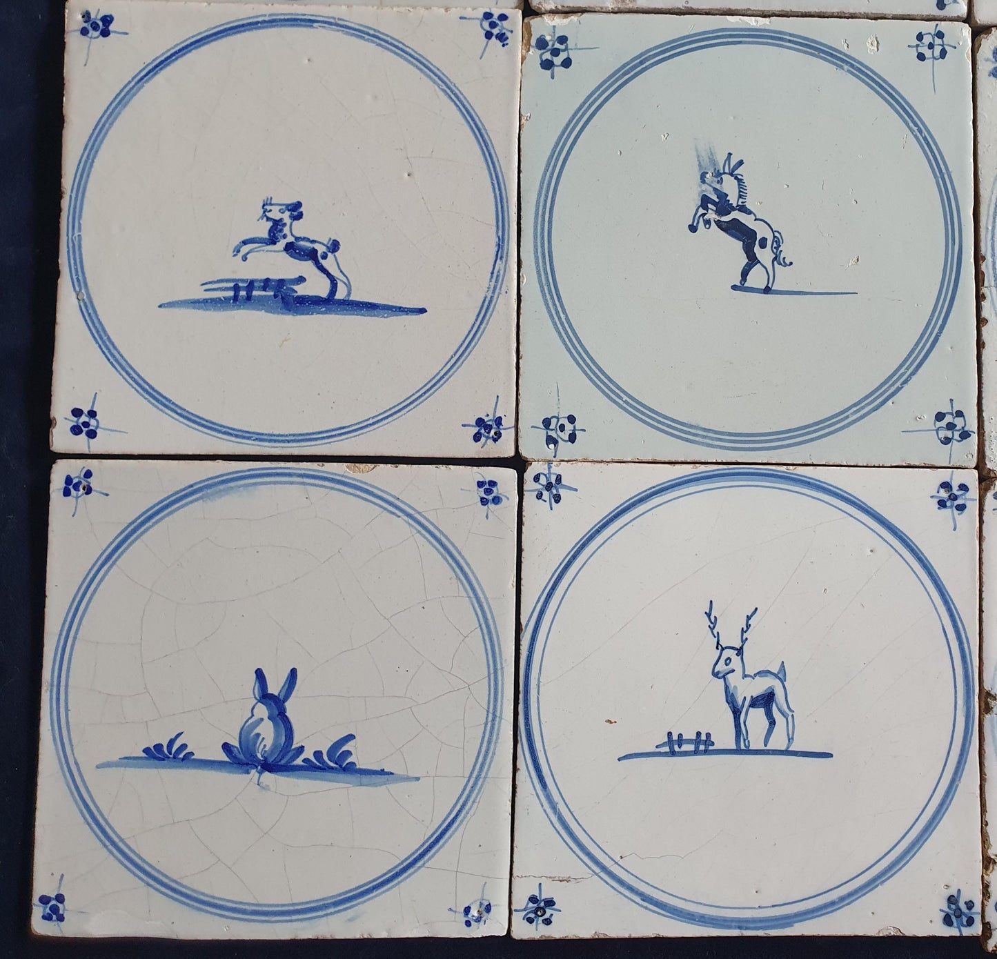 9 x Antique Delft Tiles, 18th Century Dutch Animal Motifs,  circle springer.