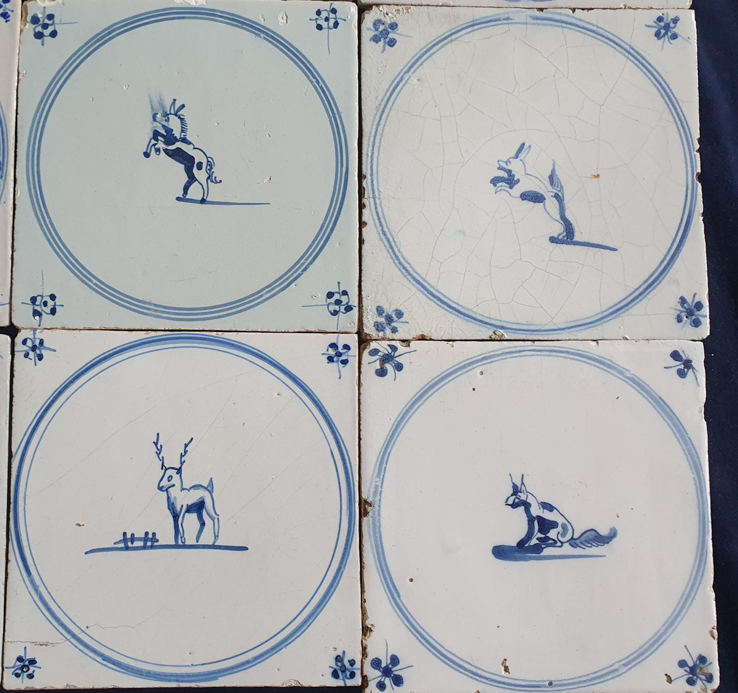 9 x Antique Delft Tiles, 18th Century Dutch Animal Motifs,  circle springer.