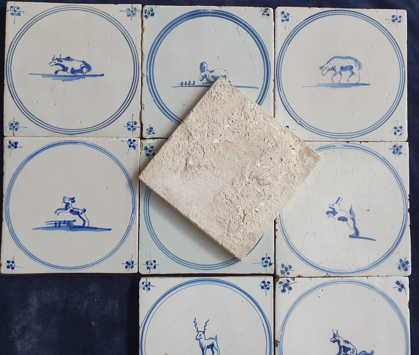 9 x Antique Delft Tiles, 18th Century Dutch Animal Motifs,  circle springer.
