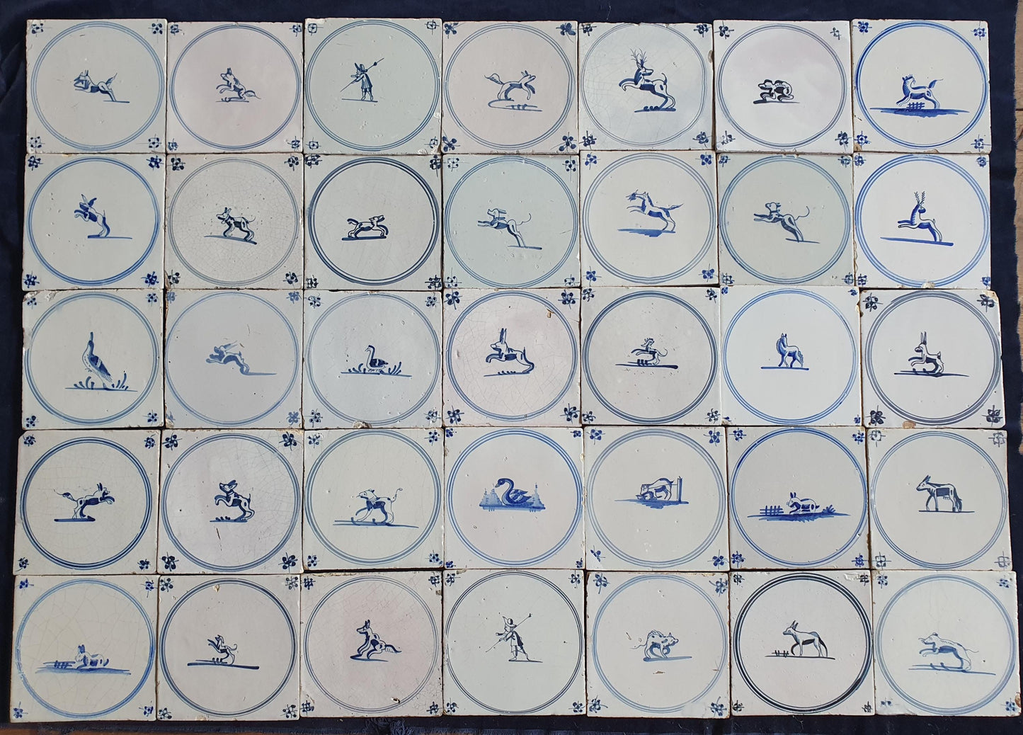 35 x Antique Delft Tiles, 18th Century Dutch Animal Motifs,  circle springer.