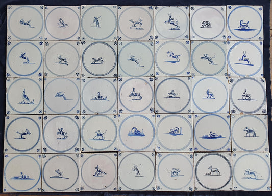 35 x Antique Delft Tiles, 18th Century Dutch Animal Motifs,  circle springer.