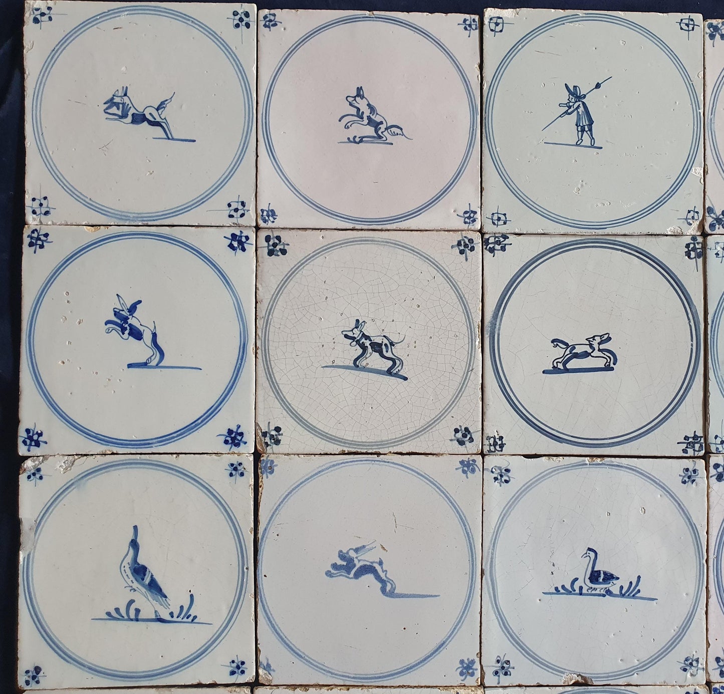35 x Antique Delft Tiles, 18th Century Dutch Animal Motifs,  circle springer.