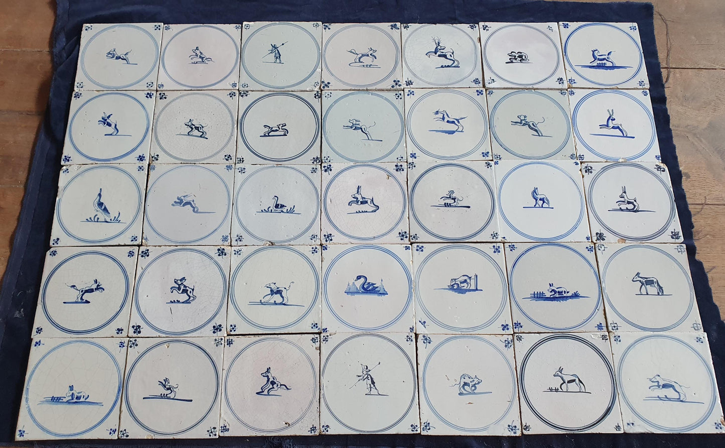 35 x Antique Delft Tiles, 18th Century Dutch Animal Motifs,  circle springer.