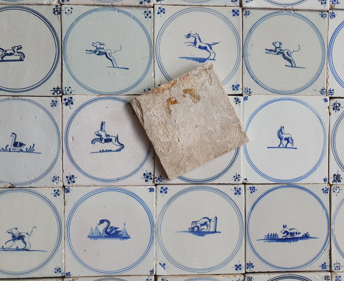 35 x Antique Delft Tiles, 18th Century Dutch Animal Motifs,  circle springer.