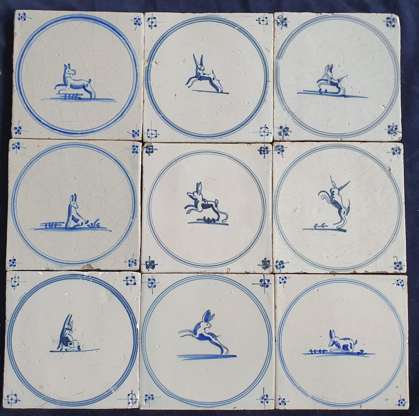 9 x Antique Delft Tiles, 18th Century Dutch Animal Motifs,  circle springer.