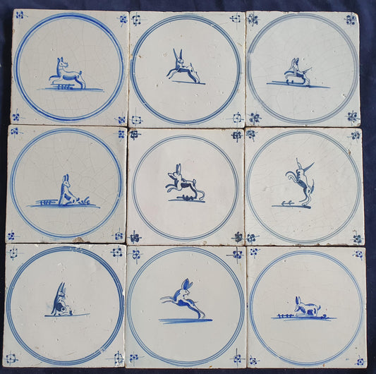 9 x Antique Delft Tiles, 18th Century Dutch Animal Motifs,  circle springer.