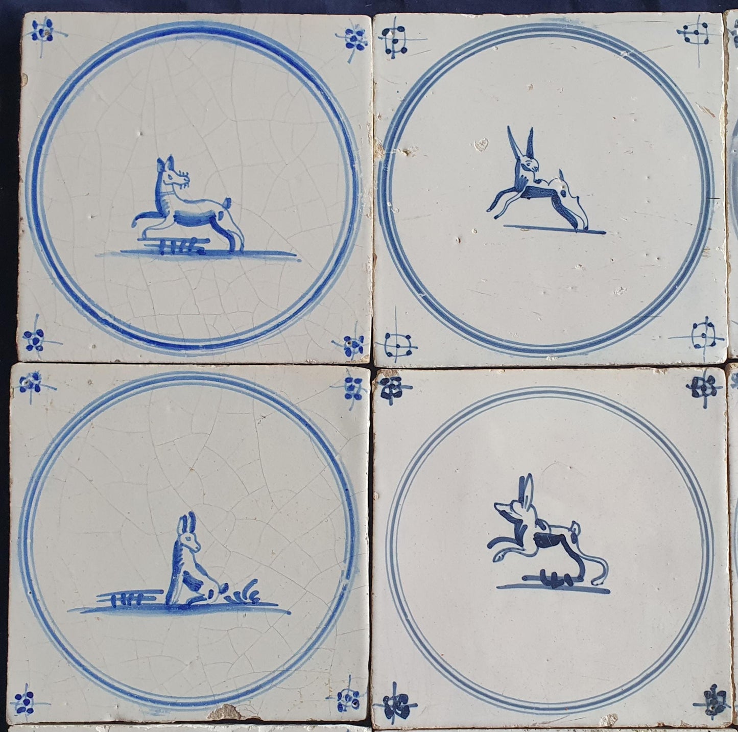 9 x Antique Delft Tiles, 18th Century Dutch Animal Motifs,  circle springer.
