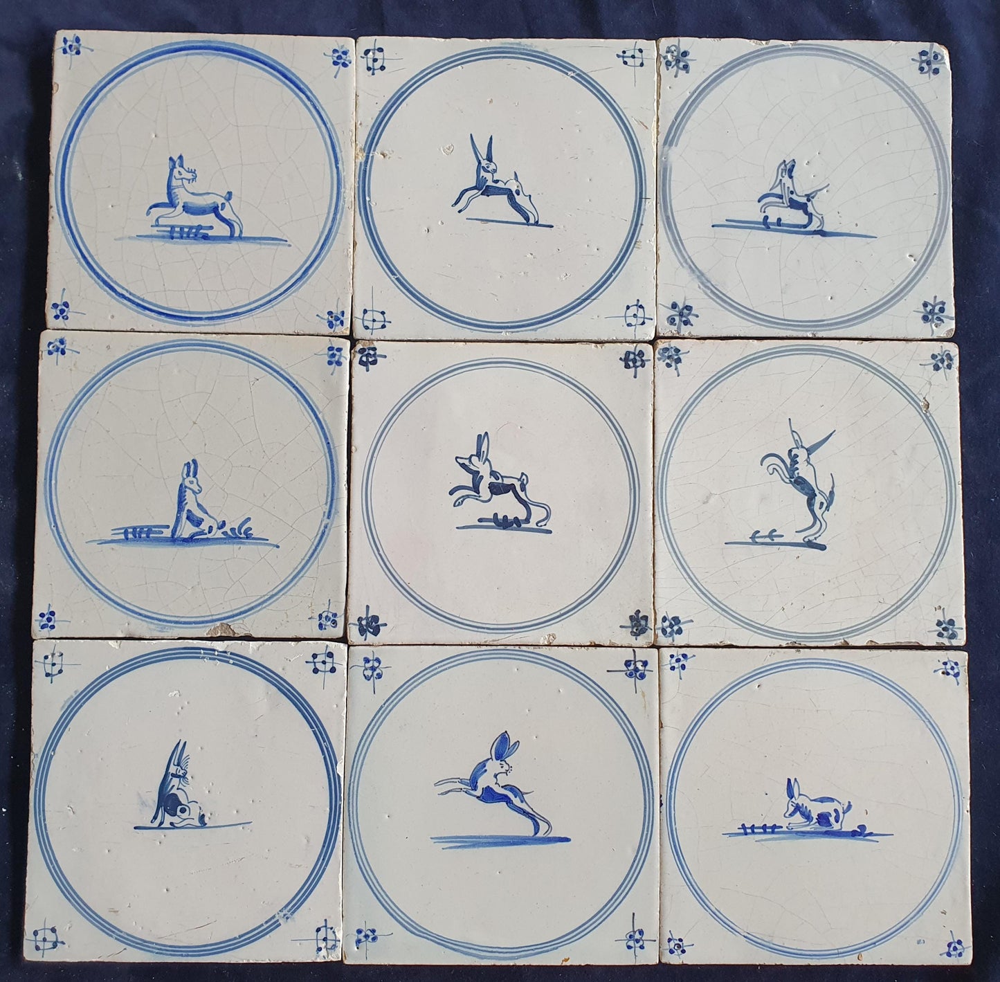 9 x Antique Delft Tiles, 18th Century Dutch Animal Motifs,  circle springer.