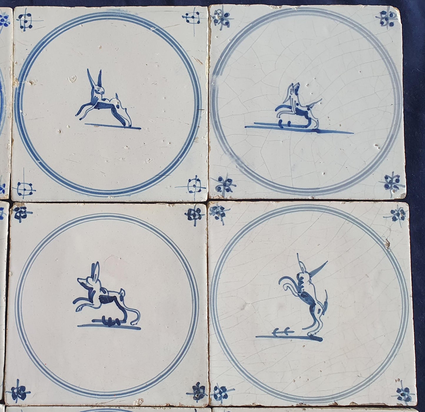 9 x Antique Delft Tiles, 18th Century Dutch Animal Motifs,  circle springer.