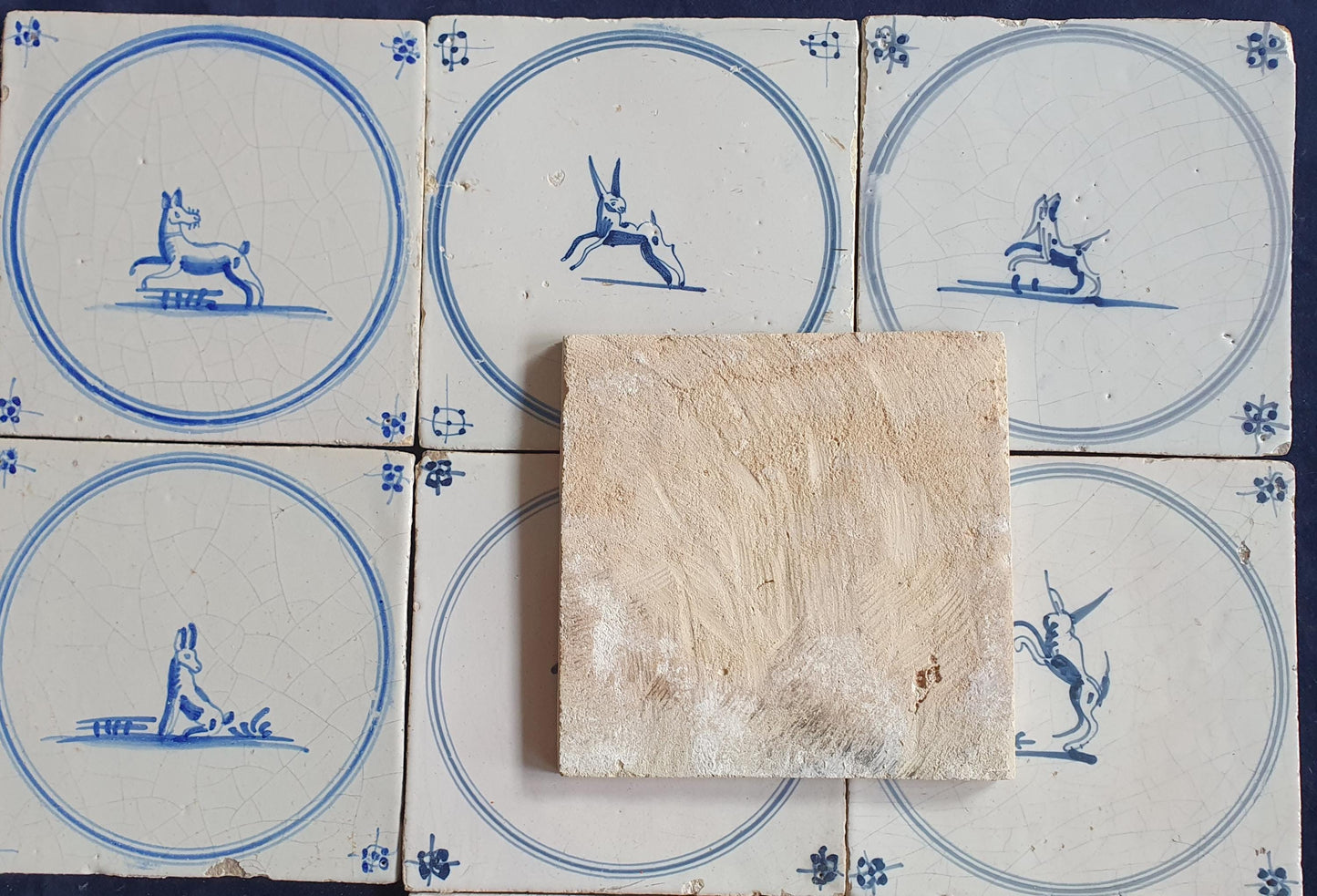 9 x Antique Delft Tiles, 18th Century Dutch Animal Motifs,  circle springer.
