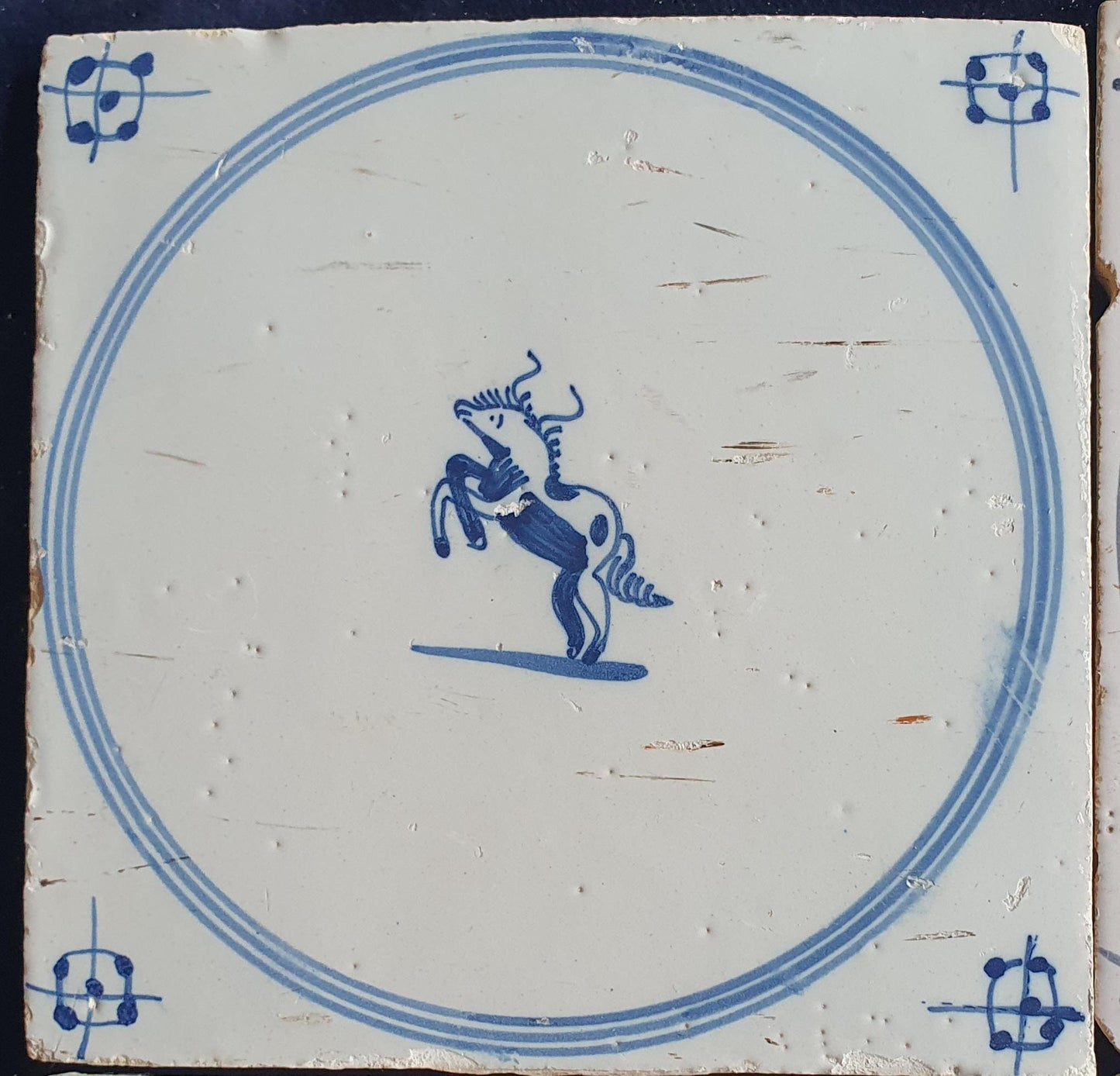 4 x Antique Delft Tiles, 18th Century Dutch Animal Motifs,  circle springer.