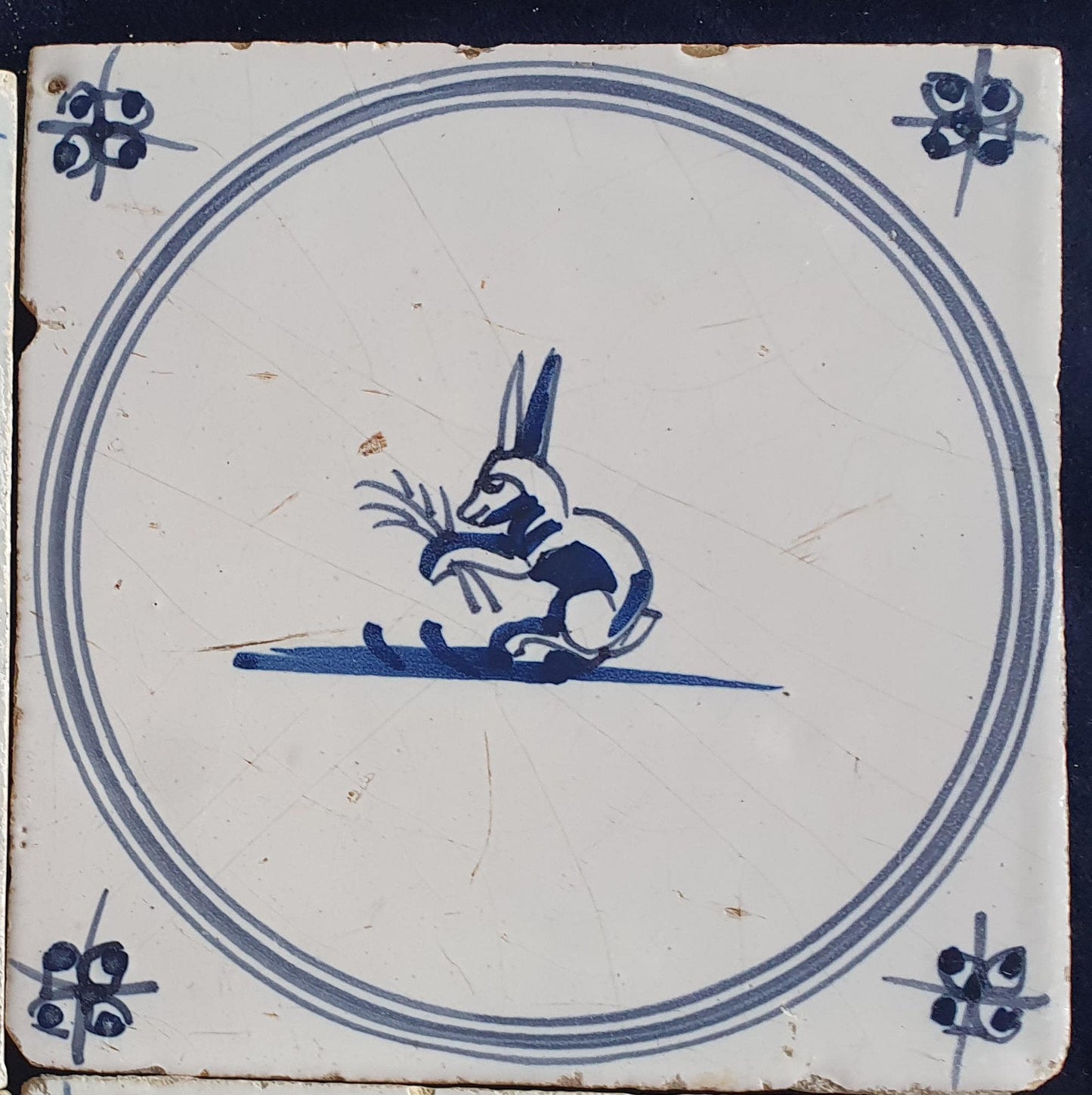 4 x Antique Delft Tiles, 18th Century Dutch Animal Motifs,  circle springer.
