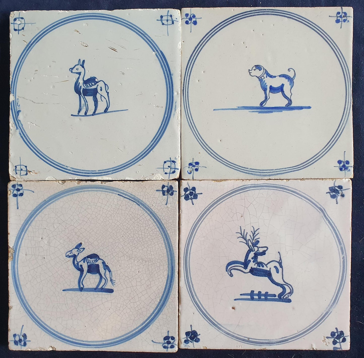4 x Antique Delft Tiles, 18th Century Dutch Animal Motifs,  circle springer.