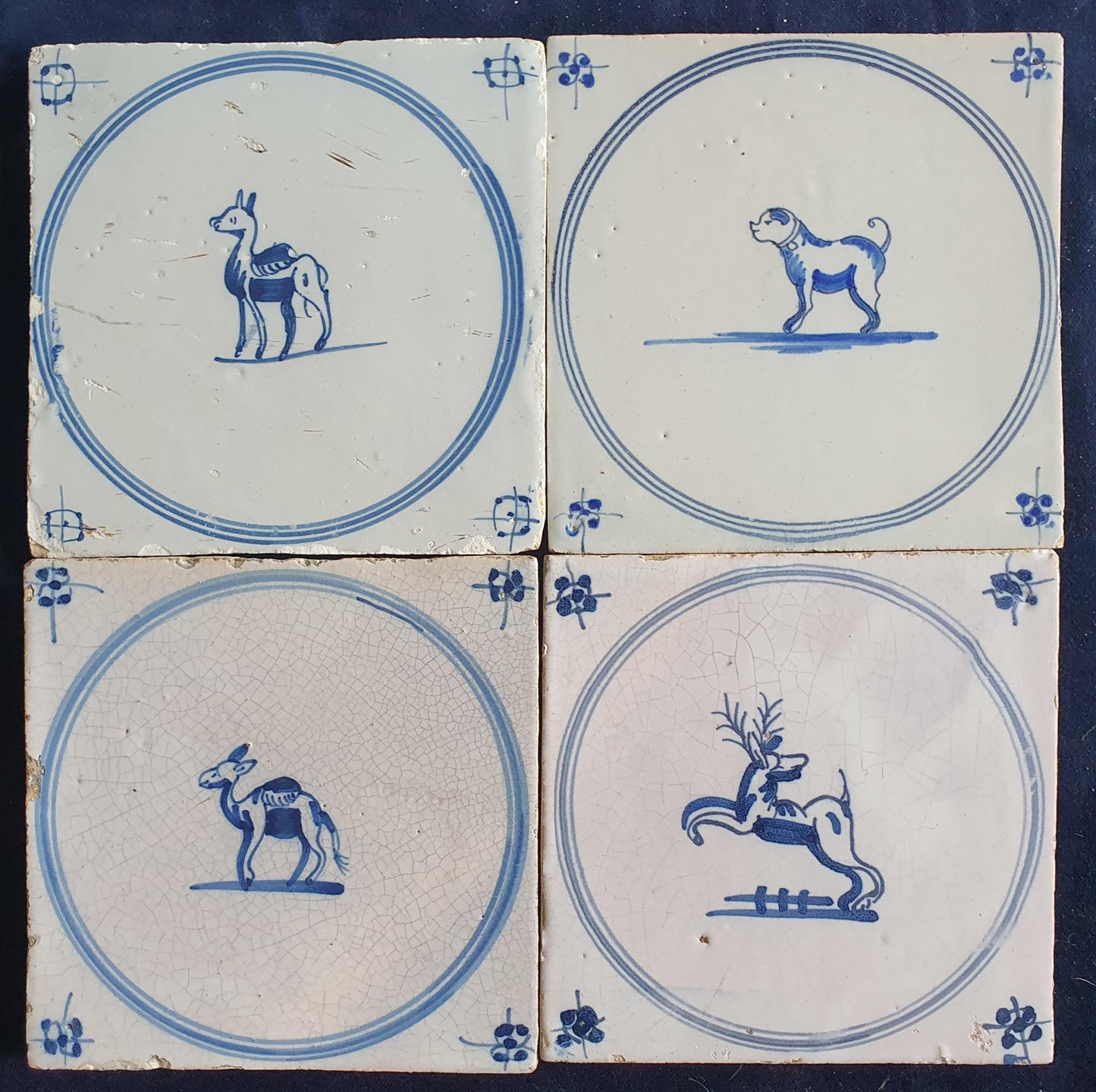 4 x Antique Delft Tiles, 18th Century Dutch Animal Motifs,  circle springer.