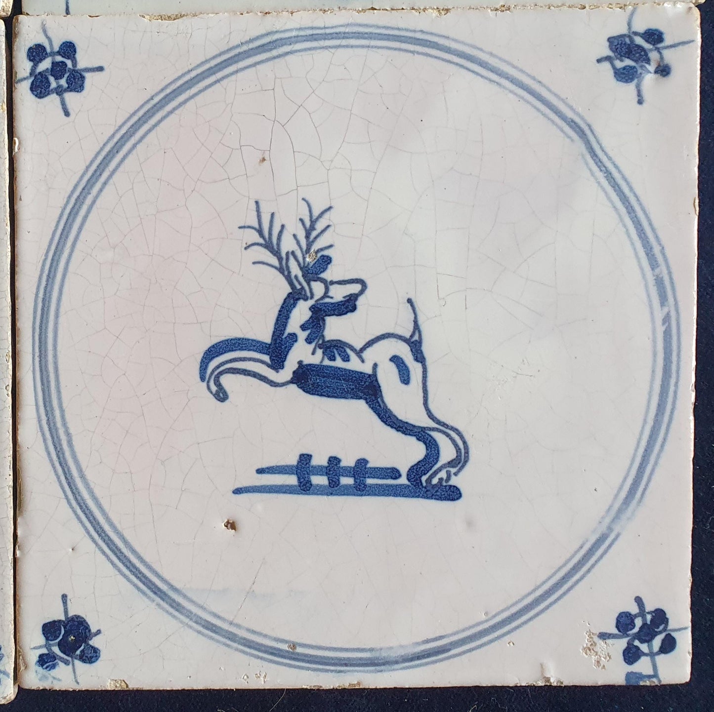 4 x Antique Delft Tiles, 18th Century Dutch Animal Motifs,  circle springer.