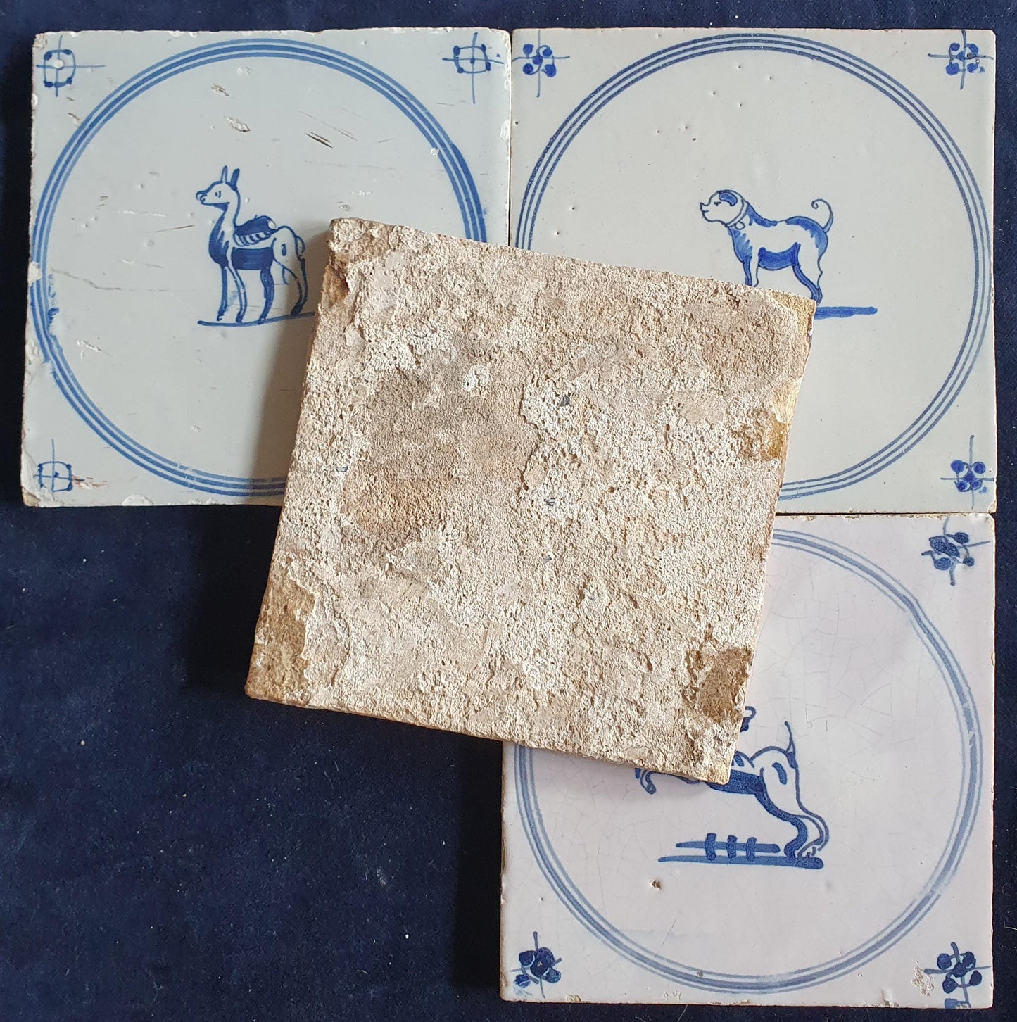 4 x Antique Delft Tiles, 18th Century Dutch Animal Motifs,  circle springer.