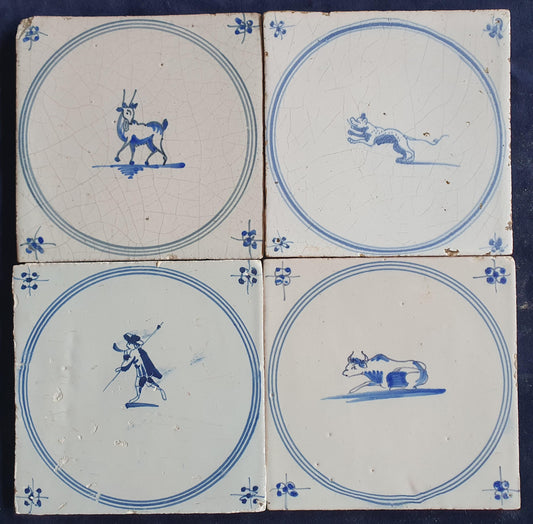 4 x Antique Delft Tiles, 18th Century Dutch Animal Motifs,  circle springer.