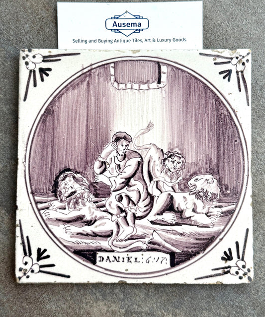 Delft tile, Dutch manganese biblical scene bible tile, 18th century, Daniel 6:17