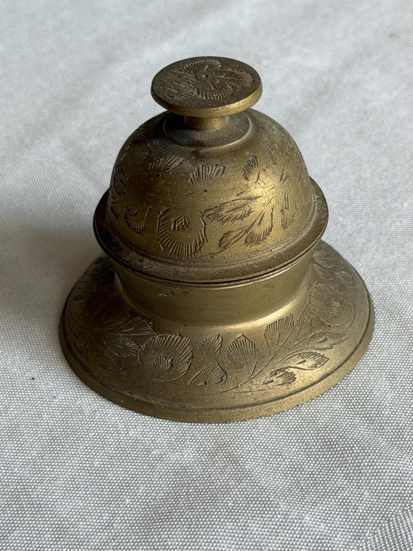 Antique British Colonial Indian Brass Desk or servant Bell c.1900 – Hand-Engraved Hotel Service Bell