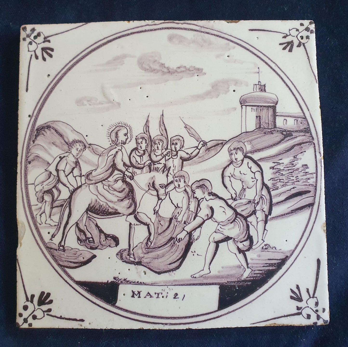 Delft tile, Dutch manganese biblical scene bible tile, 18th century,  Jesus' entry into Jerusalem