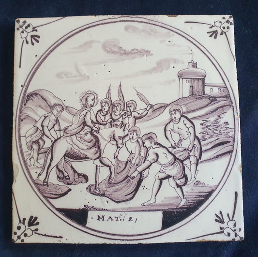 Delft tile, Dutch manganese biblical scene bible tile, 18th century,  Jesus' entry into Jerusalem