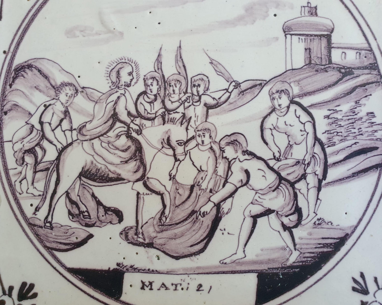 Delft tile, Dutch manganese biblical scene bible tile, 18th century,  Jesus' entry into Jerusalem