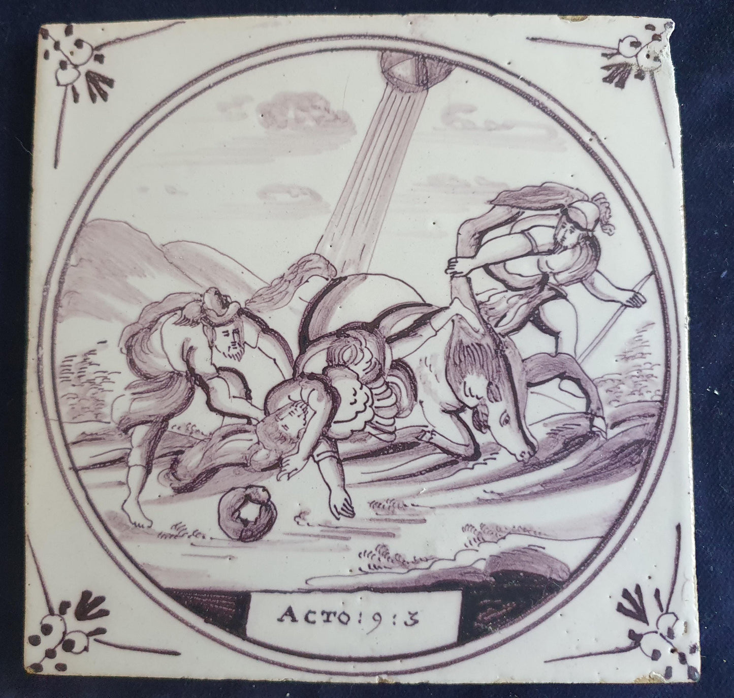 Delft tile, Dutch manganese biblical scene bible tile, 18th century,  Conversion of Saul