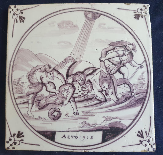 Delft tile, Dutch manganese biblical scene bible tile, 18th century,  Conversion of Saul