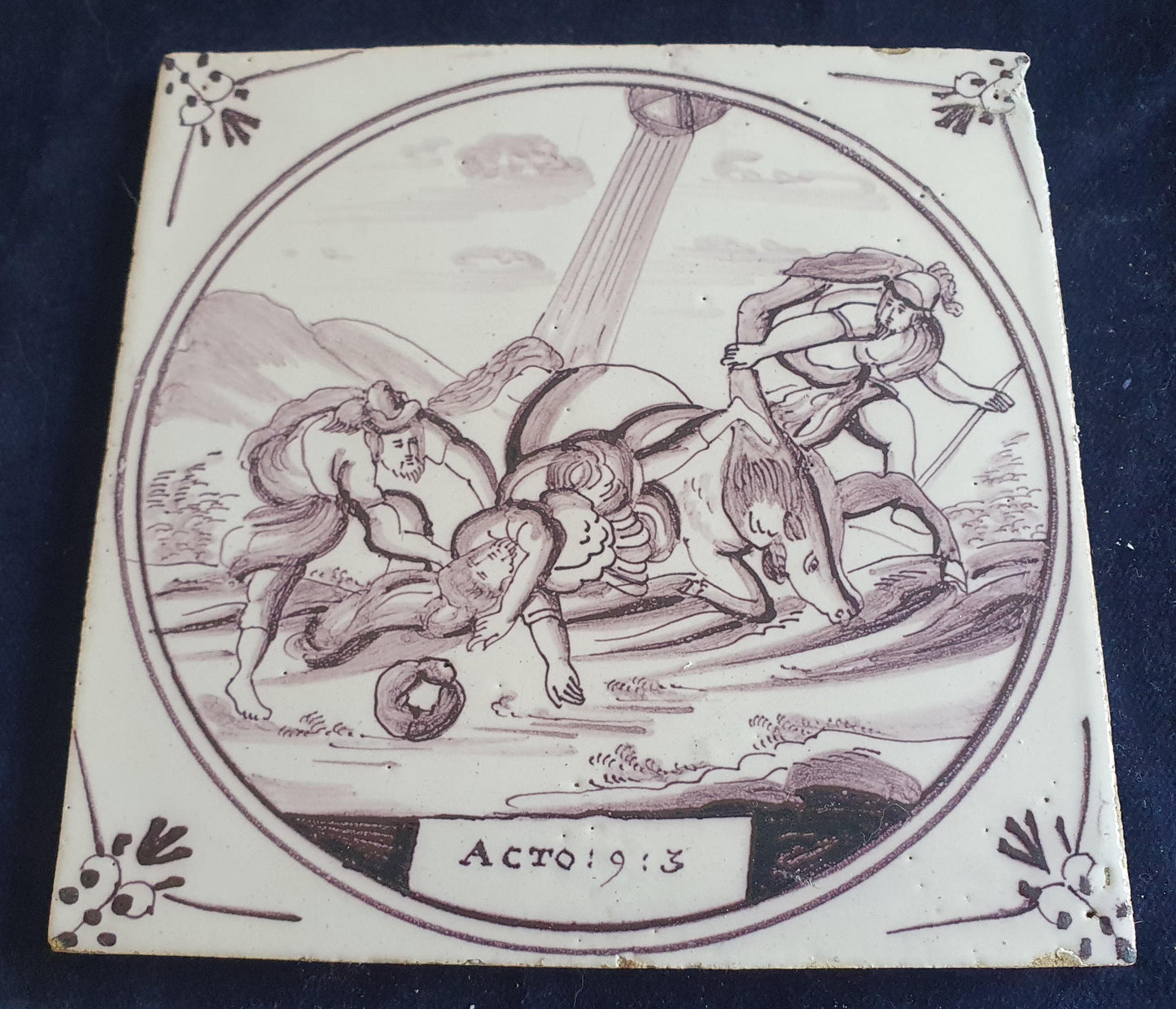 Delft tile, Dutch manganese biblical scene bible tile, 18th century,  Conversion of Saul
