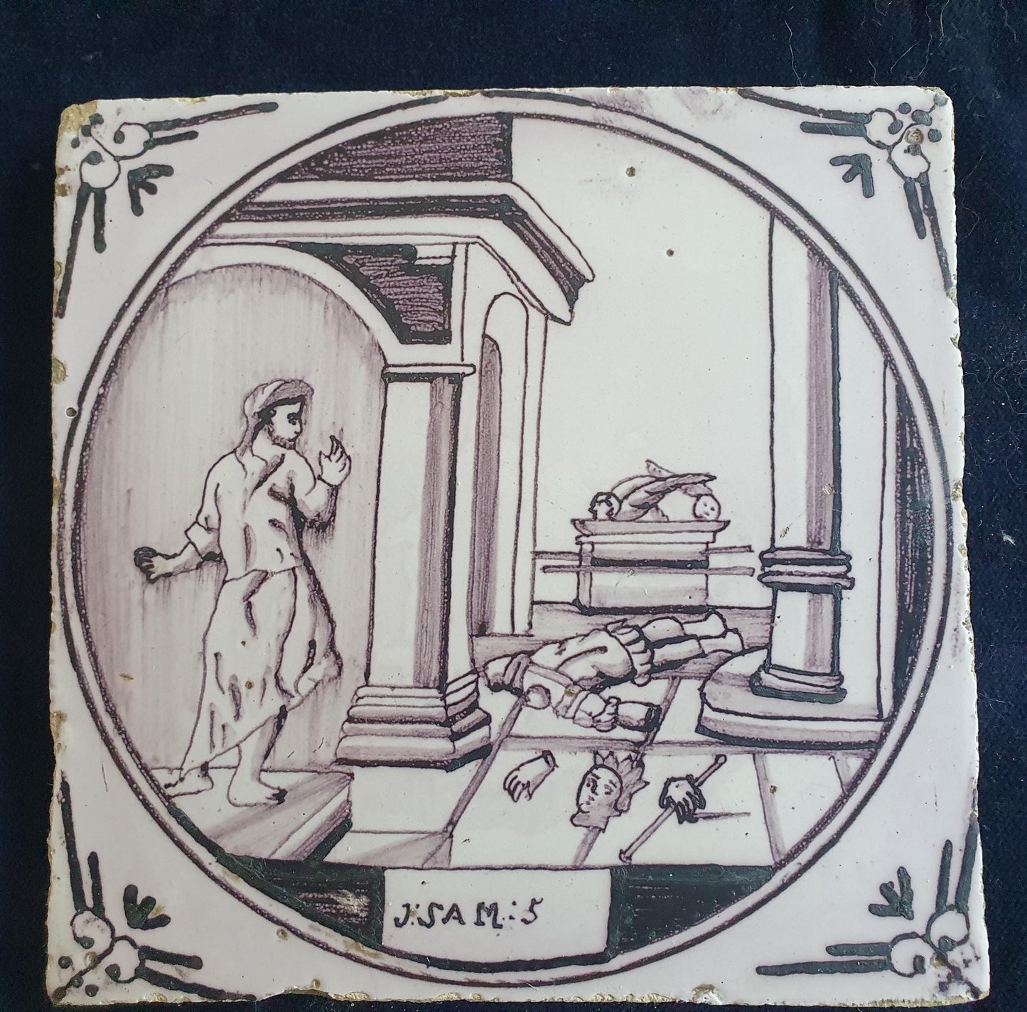 Delft tile, Dutch manganese biblical scene bible tile, 18th century, the Ark of the Covenant and the idol Dagon
