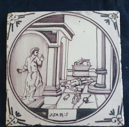 Delft tile, Dutch manganese biblical scene bible tile, 18th century, the Ark of the Covenant and the idol Dagon