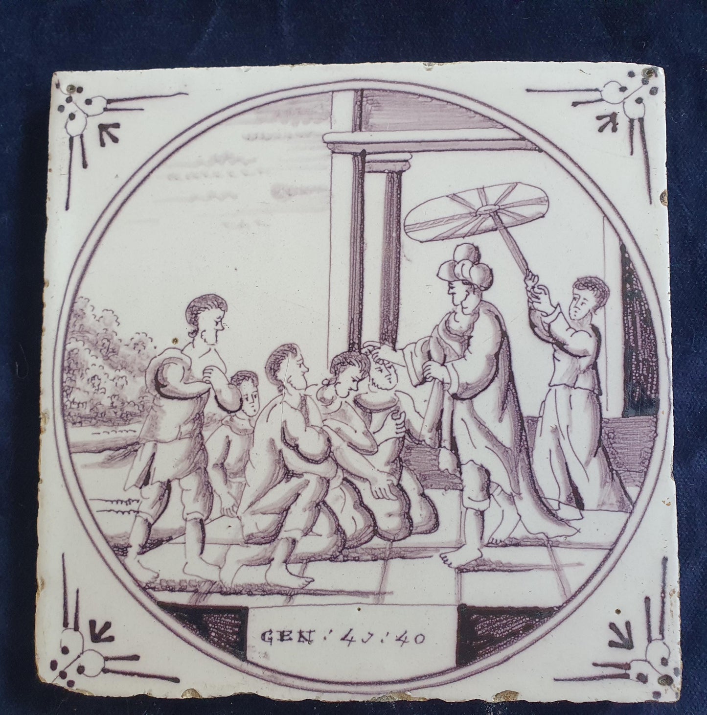 Delft tile, Dutch manganese biblical scene bible tile, 18th century Gen43-40