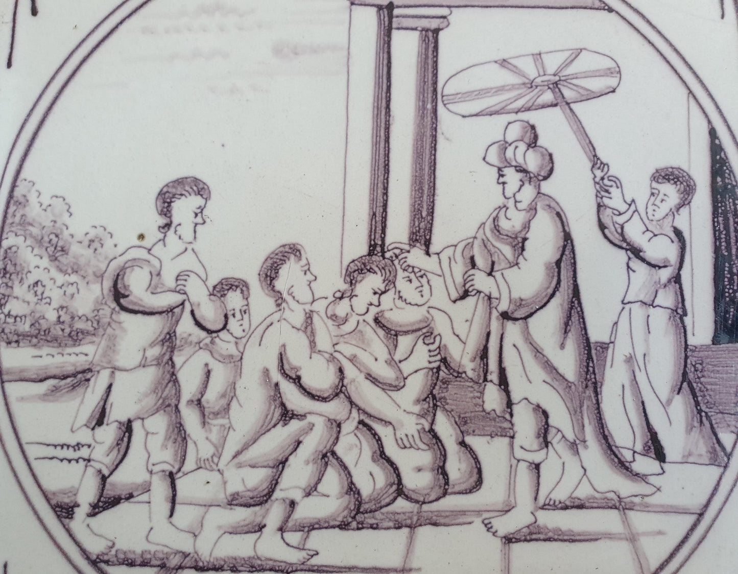 Delft tile, Dutch manganese biblical scene bible tile, 18th century Gen43-40
