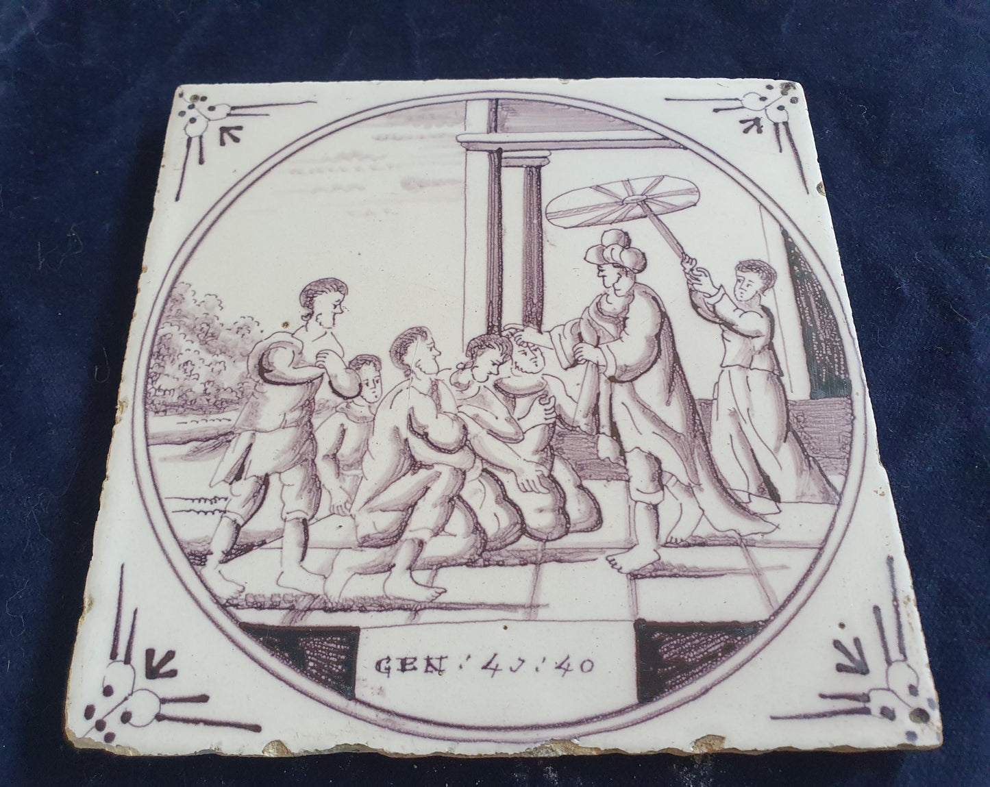 Delft tile, Dutch manganese biblical scene bible tile, 18th century Gen43-40