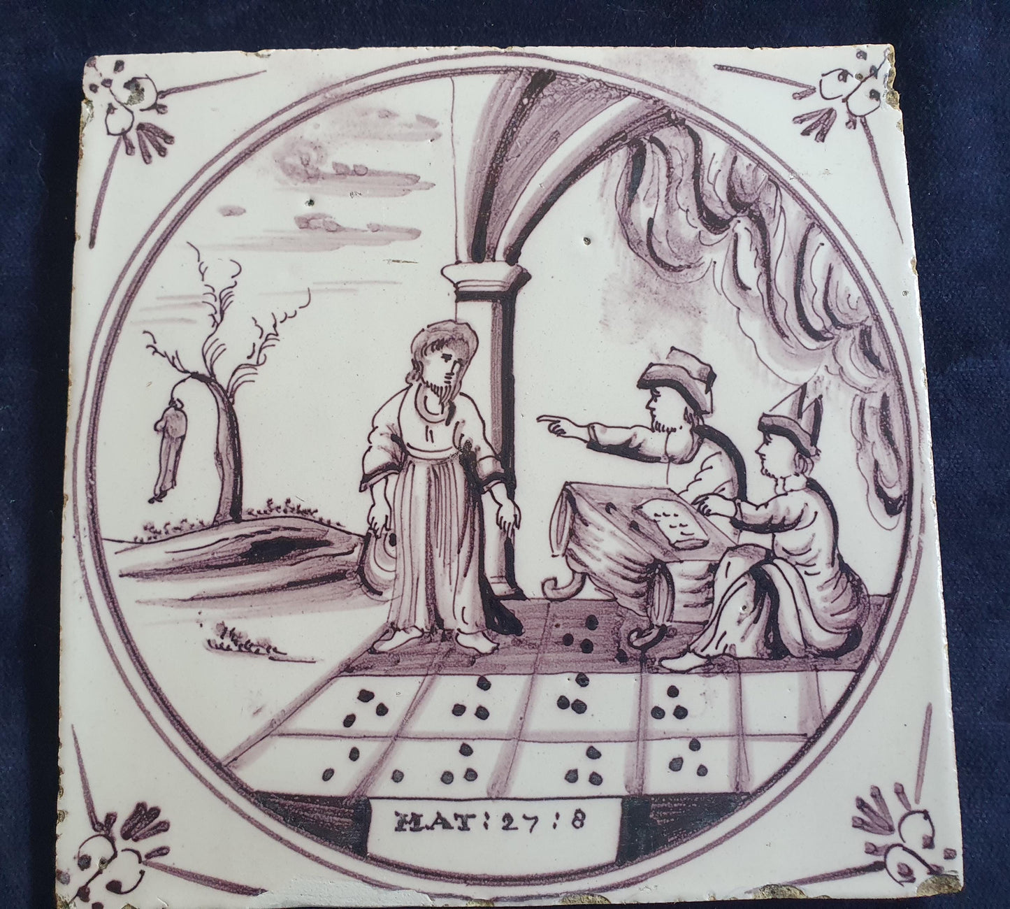 Delft tile, Dutch manganese biblical scene bible tile, 18th century , Mat 27-8
