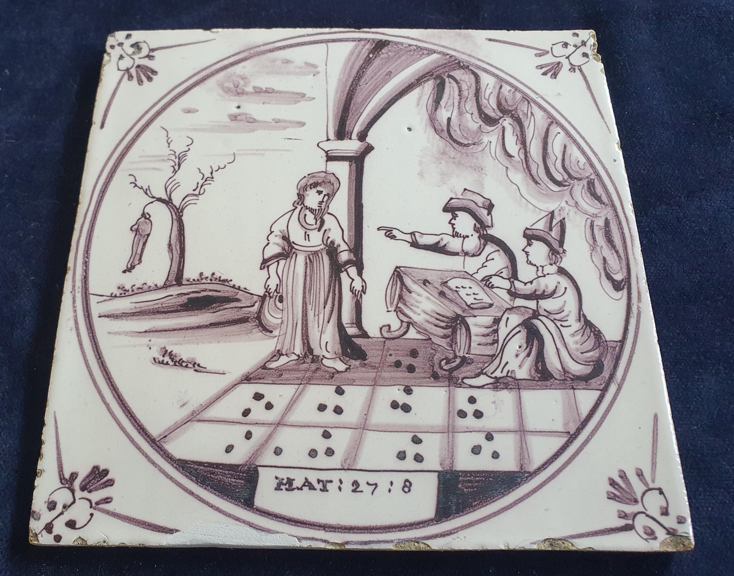 Delft tile, Dutch manganese biblical scene bible tile, 18th century , Mat 27-8