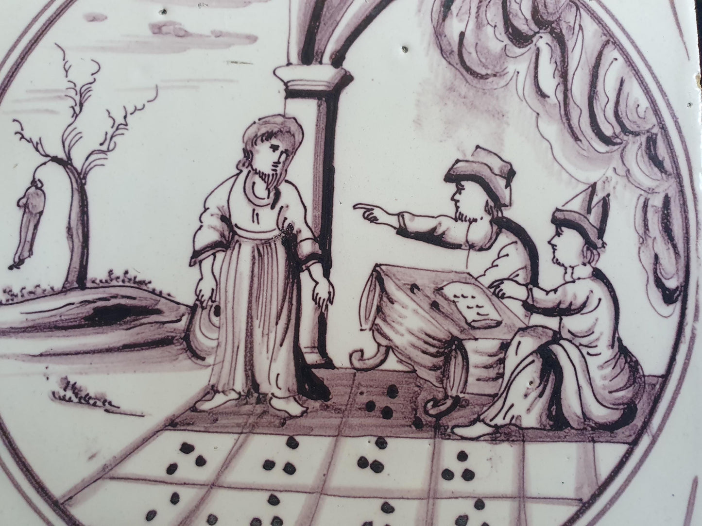Delft tile, Dutch manganese biblical scene bible tile, 18th century , Mat 27-8