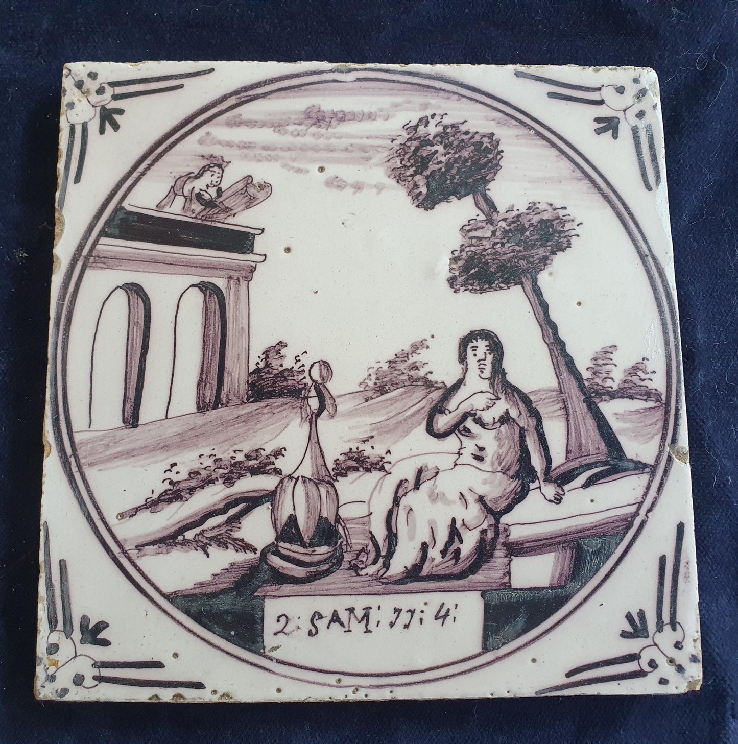 Delft tile, Dutch manganese biblical scene bible tile, 18th century , King David and Bathsheba.